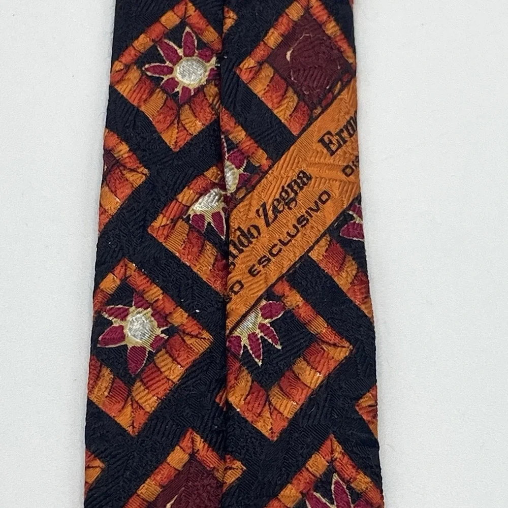 Ermenegildo Zegna Black Orange Dk Red Tie‎ 100% Silk Italy